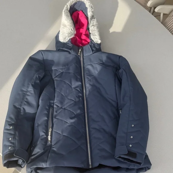 Worn 1x Descente Blue Quilted Jacket with Rhinestones and Faux Fur Hood size 12